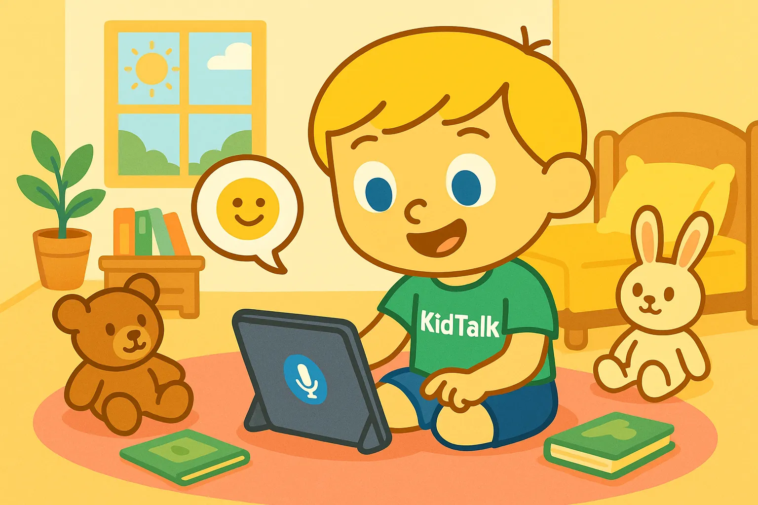 子供がAIロボットと楽しく会話しているイラスト。会話の吹き出しが物語の本に変わっている。